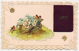 CPA 9 X 14 Dentelles Avec Petit Calendrier 1912 (4) Brouette Marguerite Fleur Oiseau En Découpi Gaufré  étoile Dorée - Neujahr