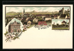 Lithographie Kaufbeuren, Ortsansicht, Rathhaus, Hexen-Thurm  - Kaufbeuren