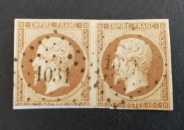 TIMBRE FRANCE NAPOLEON 13B PAIRE OBL PC 1031 BISTRE BRUN SUPERBE COTE + 110€ - 1853-1860 Napoleon III