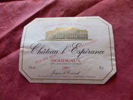 E-401  , ETIQUETTE, BORDEAUX , Château L'ESPERANCE 1987, Villelouge, Gironde - Bordeaux