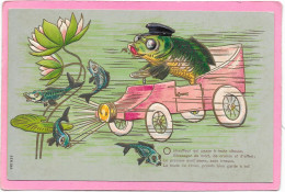 POISSONS - Gaufrée - Poisson Humanisé En Automobile - 1er Avril - Poissons Et Crustacés