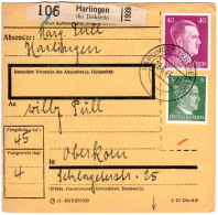 Luxemburg DR 1943, 5+40 Pf. Auf Paketkarte V. Harlingen M. Rs. Zustellgebühr-L2 - Ocupación 1938 – 45