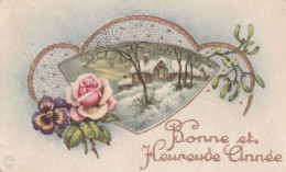 110 - MIGNONETTE BONNE ET HEUREUSE ANNEE . PAYSAGE ENNEIGE ROSE PENSEE GUI . FOX 208/10 . SCAN - Neujahr