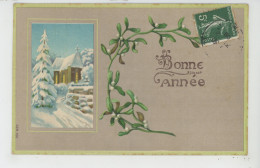 FLEURS - Jolie Carte Fantaisie Gaufrée Paysage Sous La Neige Et Gui De "Bonne Année" (embossed Card) - Neujahr