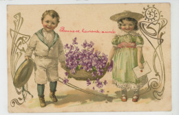 ENFANTS - Jolie Carte Fantaisie Gaufrée Avec Dorures Enfants Et Panier De Violettes De "Bonne Année" (embossed Card) - New Year