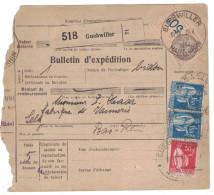 BULLETIN D'EXPÉDITION COLIS POSTAUX De GUEBWILLER (RHIN) TIMBRE FISCAL + TYPE PAIX 1934 - Covers & Documents