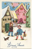 CARTE BONNE ANNEE. ILLUSTREE. ENFANTS DANS LEUR VILLAGE SOUS LA NEIGE. - New Year