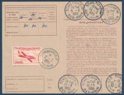 POSTE AÉRIENNE 500F MAGISTER N° 32 SEUL Sur CARTE D'ABONNEMENT AUX TIMBRES POSTE CACHET CAD STRASBOURG (RHIN) 1955 - Covers & Documents