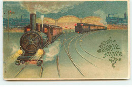 N°17874 - Carte Gaufrée - Bonne Année - Trains Dans La Nuit - Neujahr