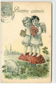 N°11086 - Carte Fantaisie Gaufrée - Bonne  Année - Angelots Sur Un Champignon - Cochon - New Year