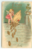 N°1022 - Carte Gaufrée - A Happy New Year - Angelot Et Sac De Pièces D'or - New Year