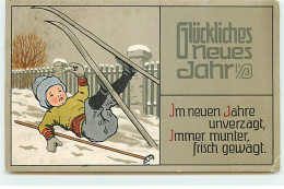 N°21036 - Carte Gaufrée - Glückliches Neues Jahr - Garçon Tombé En Portant Des Skis - New Year