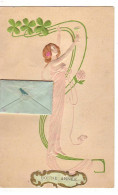 N°18818 - Carte Gaufrée - Art Nouveau - Bonne Année - Jeune Femme Jouant Avec Des Trèfles, Enveloppe - Neujahr