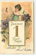 N°18828 - Carte Gaufrée - Prosit Neujahr - Jeune Femme Buvant, Et Violettes - Nieuwjaar