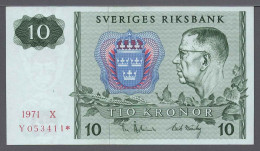 Sweden Svezia Suède Schweden 1971 10 Kronor Replacement / Star P#52c.1r UNC - Sweden