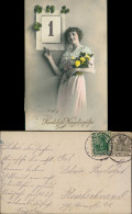 Ansichtskarte  Neujahr Sylvester New Year Frau Mi Blumen, Kleeblätter 1904 - New Year
