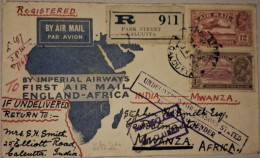 1931 CALCUTTA,INDIA TO MWANZA, AFRICA, FFC REGID FIRST FLIGHT COVER + CANCELNS +2XD.L.O.(DEAD LETOFFICE) BOMBAY/CALCUTTA - Luchtpost