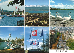 ZURICH, MULTIPLE VIEWS, ARCHITECTURE, BOAT, CARS, FLAG, MOUNTAIN, TRAM, SWAN, SEAGULLS, PIDGEONS, SWITZERLAND, POSTCARD - Zürich