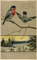 CPA Glückwunsch Neujahr, Vögel, Haus, Tannenbäume - Nieuwjaar