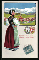 AK Appenzell-Ausser Rhoden, Ortsansicht, Frau In Tracht, Wappen  - Otros & Sin Clasificación