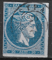 GREECE Plate Flaw In 1872-76  Large Hermes Meshed Paper Issue 20 L Bright Sky Blue Vl. 55 / H 41 A Position 12 - Oblitérés