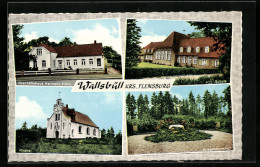 AK Wallsbüll /Krs. Flensburg, Geschäftshaus Hermann Holm, Schule, Kirche  - Flensburg