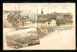 Lithographie Flensburg, Gasthaus, Ortspartie Teilansicht  - Flensburg