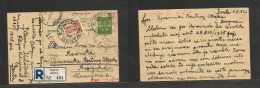 YUGOSLAVIA. 1937 (5 Nov) Senta - Belgrade (5 Nov) Registered + Adtl 1 Dinar Green Stat Card + R-label. Airmail + Various - Other & Unclassified