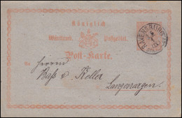 Württemberg Postkarte P 9/01 Ziffer 2 Kr. RAVENSBURG STADT-POST 15.1.(IX) 1874 - Postwaardestukken