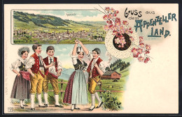 Lithographie Appenzell, Totalansicht, Kinder In Trachten  - Appenzell