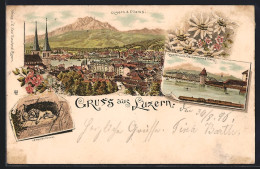 Lithographie Luzern, Kapellbrücke, Wasserturm, Pilatus  - Luzern