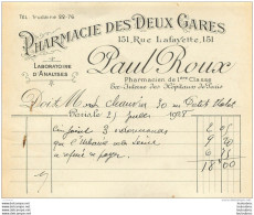 FACTURE 1928  PAUL ROUX PHARMACIE DES DEUX GARES 151 RUE LAFAYETTE  PARIS - 1900 – 1949