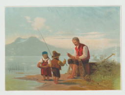GRAND CHROMO ANCIEN Vers 1880 - Scène De Pêche Au Bord Du Lac Sur Fond Montagne Volcan Peut-être NAPLES Enfants, Pêcheur - Other & Unclassified