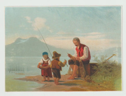 GRAND CHROMO ANCIEN Vers 1880 - Scène De Pêche Au Bord Du Lac Sur Fond Montagne Volcan Peut-être NAPLES Enfants, Pêcheur - Andere & Zonder Classificatie