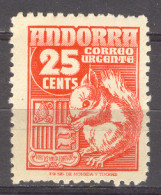 Andorra  1949. Ardilla - Urgente 25 Cts  Ed 58, Yv 52 (**) - Nuevos