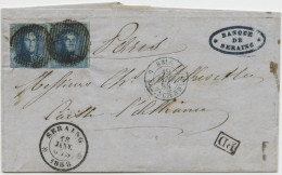 BELGIQUE - 20C BLEU PAIRE MARGEE OBLITERE D 11 + SERAING SUR LETTRE POUR PARIS, 1858 - 1849-1865 Médaillons (Autres)