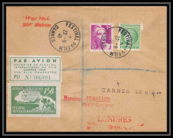 4114 France Lettre (cover) Festival De Cannes Movie Cinema Vignette Journée De L'air 1946 Londres Royaume Uni - First Flight Covers