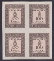 ! Croatia, 1942, Official; 100 Kn, Imperforated Blk Of 4 (regular Paper) - Croazia