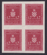 ! Croatia, 1942, Official; 12 Kn, Imperforated Blk Of 4 (regular Paper) - Croazia