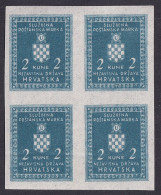 ! Croatia, 1942, Official; 2 Kn, Imperforated Blk Of 4 (regular Paper) - Croazia