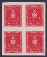 ! Croatia, 1942, Official; 3 Kn, Imperforated Blk Of 4 (regular Paper) - Croazia