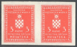 ! Croatia, 1942, Official; 3 Kn, Imperforated Pair (ordinary Paper) - Croazia