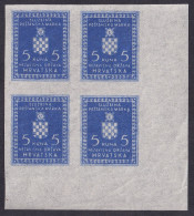 ! Croatia, 1942, Official; 5 Kn, Imperforated Blk Of 4 (very Thin Paper) - Croazia