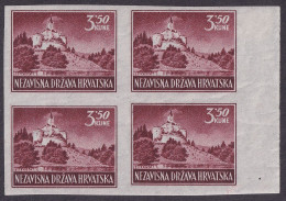 ! Croatia, 1943, Landscapes, 3.50 Kn, Imperforated Blk Of 4 (strong Back Impression) - Croazia