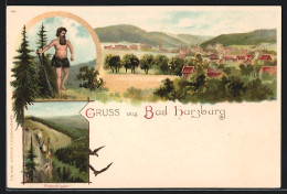 Lithographie Bad Harzburg, Blick Zum Ort, Rabenklippen, Mann Mit Keule  - Bad Harzburg