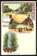 Lithographie Berlin-Tiergarten, Wrangel Brunnen, Goldfischteich, Kenkmal Der Königin Luise  - Tiergarten