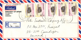 Zimbabwe Registered Air Mail Cover Sent To Denmark 19-2-1990 Topic Stamps (from The Embassy Of Japan Harare) - Zimbabwe (1980-...)