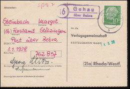 Landpost Gehau über BEBRA 15.7.1958 Auf Postkarte Nach Rheda/Westf. - Altri & Non Classificati