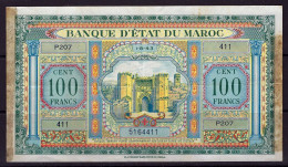 Morocco Banque D'État Du Maroc 1-8-43 Banknote 100 Francs P-27 Printed By E. A. Wright Banknote Company, Philadelphia - Marokko