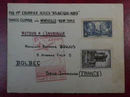 DS9 FRANCE  LETTRE YANKEE CLIPPER  NEW YORK RR   1939  A BOLBEC  + +AFF. INTERESSANT+++ - First Flight Covers
